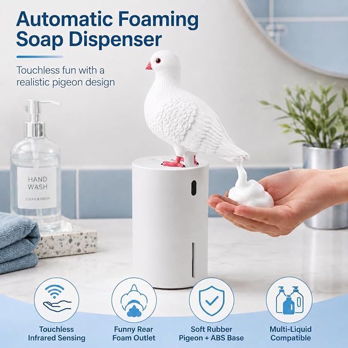 Touchless Foam Soap Dispenser, White Peace Dove Design, 300 mL | Touchless infrared foam dispensing with a refillable 300 mL tank