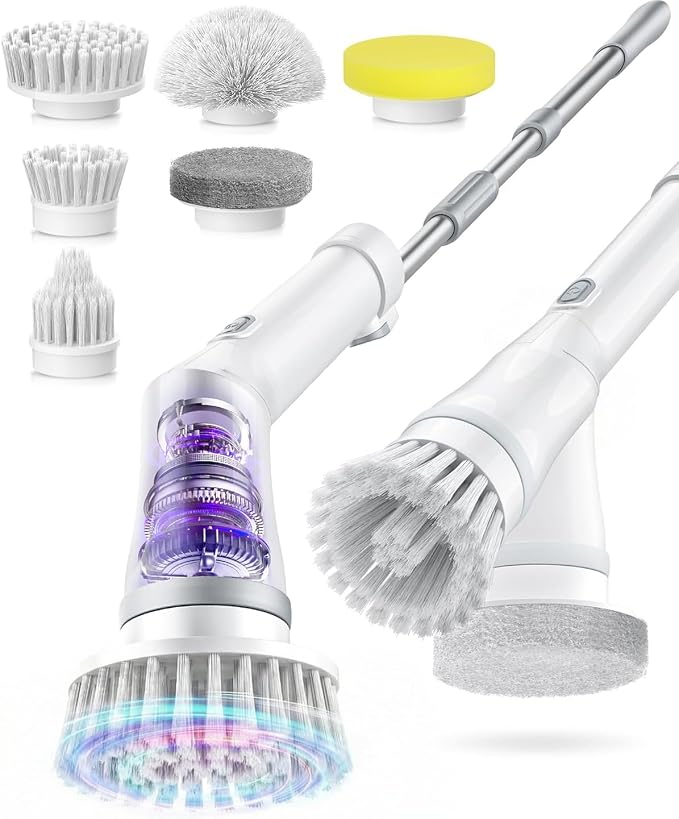 6-in-1 Cordless Electric Spin Scrubber with Long Handle | Power scrubber, bathroom scrubber, 47.2 in long handle, 2 speed scrub brush, IPX7 rated body, kitchen, tile, tub, floor