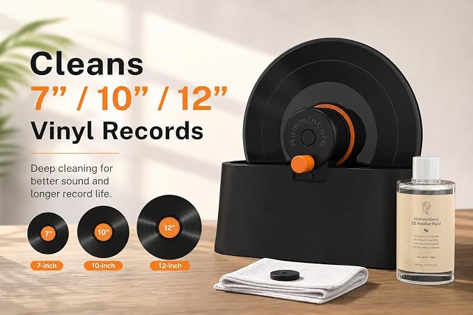 HumminGuru EZ Record Washer, Manual Vinyl Record Cleaner Machine with Easy Spin & Watertight Label Clamp, Record Cleaning Kit with Gentle Goat-Hair Brushes, Alcohol-Free LP Fluid, Drying Rack & Cloth