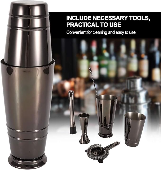 5Pcs Black Stainless Steel Cocktail Shaker Set, Bartender Tool Kit with Measuring Cup Strainer Mixing Spoon, Dishwasher Safe Bar Accessories for Home Bar