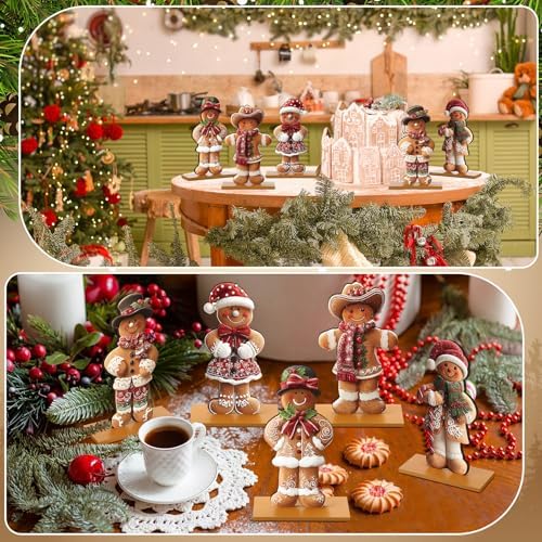 RattanView 5 Pcs Christmas Gingerbread Tabletop Decorations Wooden Christmas Centerpiece Table Decor Holiday Sequins Village Standing Sign with Base for Xmas Home Mantel Shelf(Gingerbread Man)