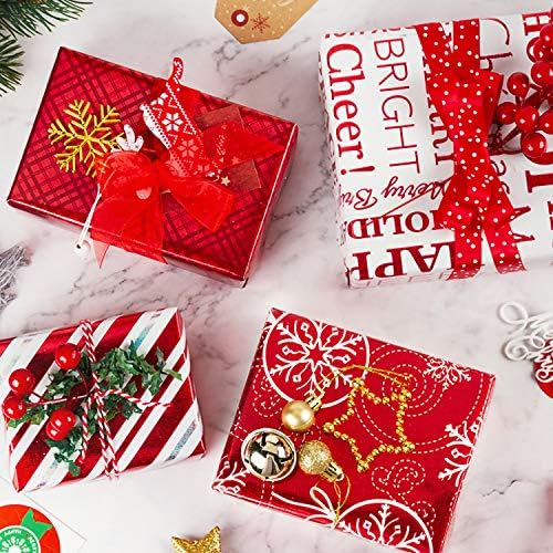 WRAPAHOLIC 30 Inch Christmas Wrapping Paper Set - Jumbo Roll Red and White Christmas Design with Metallic Foil Shine - 4 Rolls - 30 inch x 120 inch Per Roll
