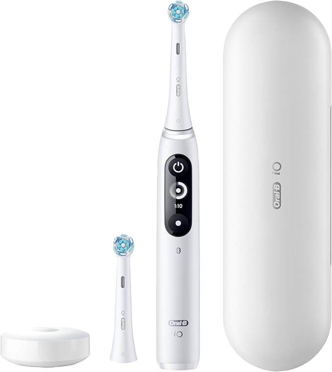 Oral-B Rechargeable Electric Toothbrush, iO7 Limited Deep Clean + Protect, 5 Cleaning Modes, Interactive Display, Visible Pressure Sensor, 2 Brush Heads, Charging Travel Case, White