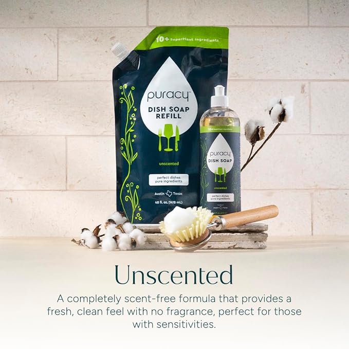 Puracy Natural Dish Soap Refill - Skin-Softening Plant-Based Liquid Dishwashing Detergent Soap, Clean-Rinsing Water-Sheeting Formula (Free & Clear, 48 fl oz)