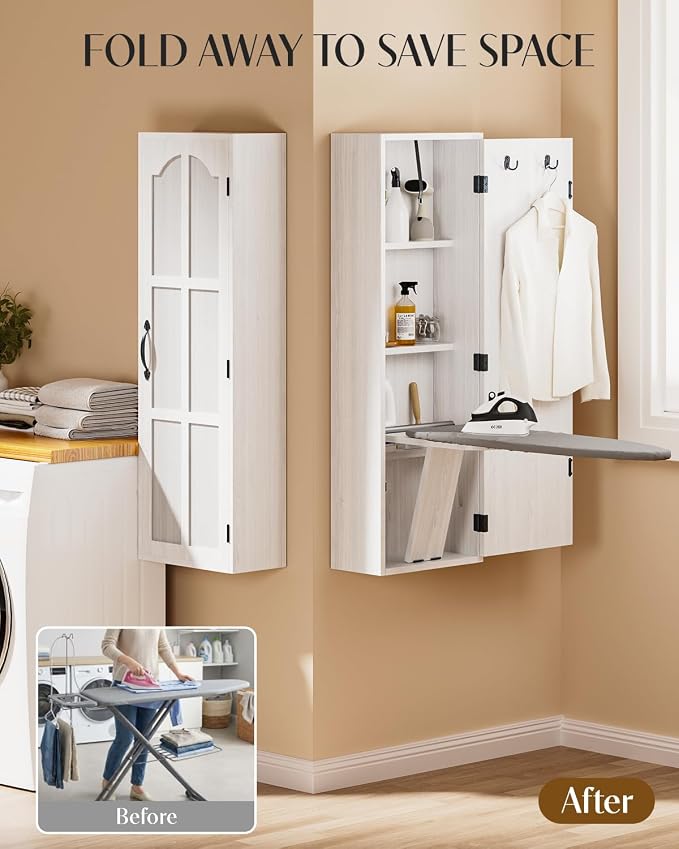 Wall Mounted Ironing Board Cabinet with Storage & 180° Swivel, Folding Ironing Board Cabinet with Heat-Resistant Cover Pad for Laundry Room, Apartment, Small Spaces, Space-Saving, White