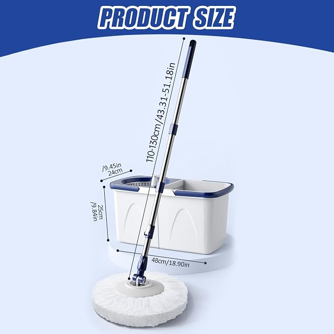 Spin Mop and Bucket Set 43-51" Telescopic Microfiber 15" Round Mop with Wringer, 2 Pads & Detachable 2 Compartment Bucket with Draining Hole for Home Spin and