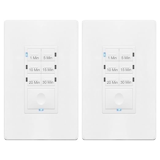 ENERLITES Countdown Timer Switch for bathroom fans and household lights, 1-5-10-15-20-30 Min Settings with Manual Override, Always On Blue LED, Neutral Wire Required, UL Listed, HET06A, White, 2 Pack