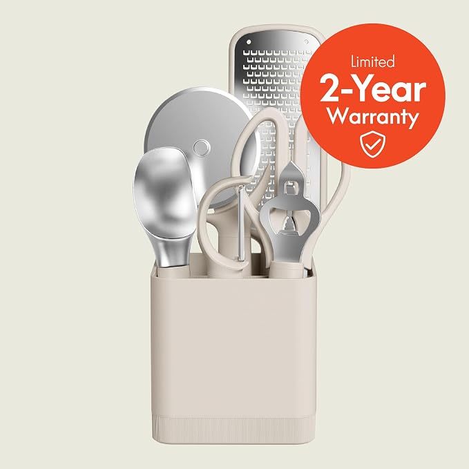 bella 7-Piece Modular Gadget Set, Grater, Pizza Cutter, Ice Cream Scoop, Peeler, Shears, Bottle Opener, Crock with removable divider, Dishwasher Safe, Oatmilk