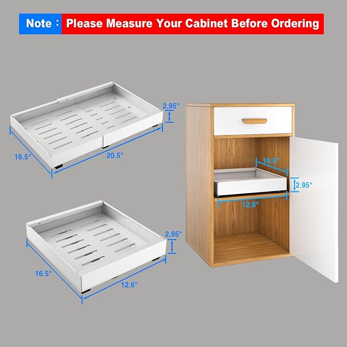 Mustorn 2 Pack Pull Out Cabinet Organizer, Expandable Slide Out Drawers for Kitchen Cabinets Peel and Stick Pullout Drawer Heavy Duty Sliding Shelves for Cupboard, Pantry, Bathroom(16.5" Deep, White)