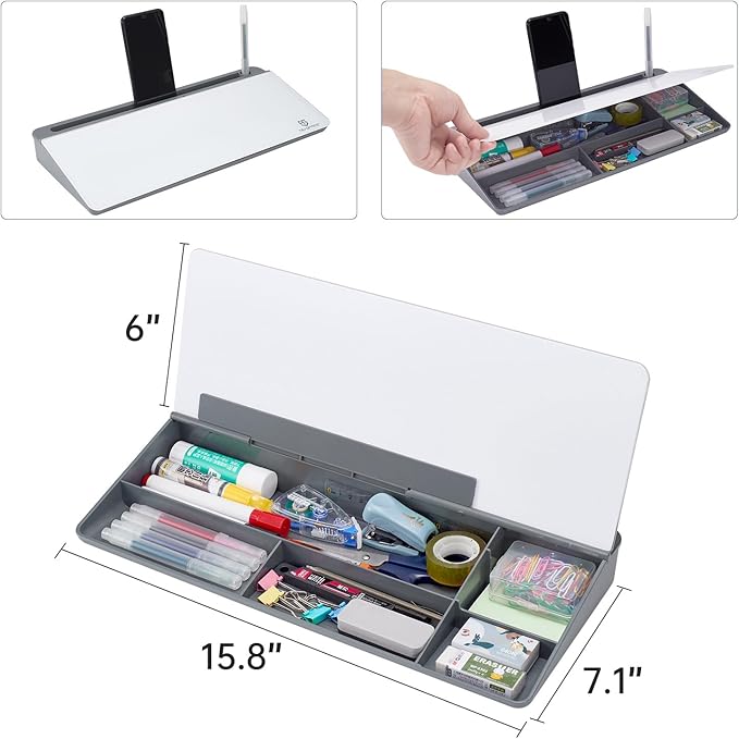 Small Desktop Glass Whiteboard Dry-Erase-Board - Computer Keyboard Stand White Board Surface Pad with Drawer, Desk Organizers with Accessories for Office, Home, School Supplies - Grey
