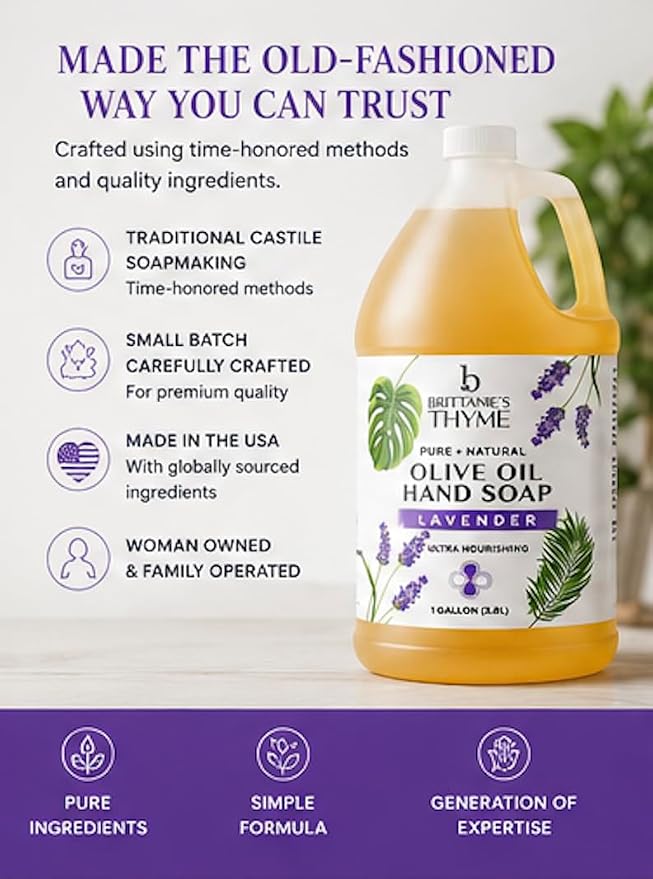 Brittanie's Pure Organic Castile Liquid Olive Oil Soap Refill, Lavender 1 Gallon | Face, Body Wash, Laundry, Dishes, Pets | Vegan & Gluten Free Non-GMO
