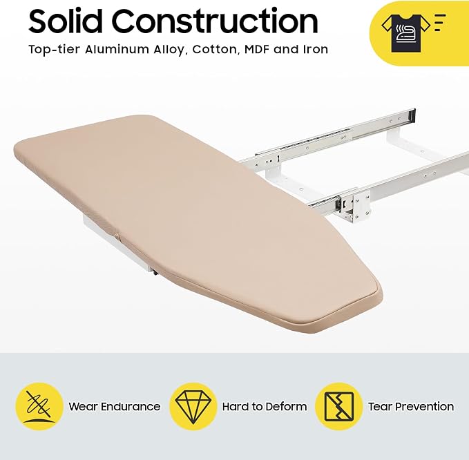 Foldable Cabinet Ironing Board Retractable Khaki Ironing Station | Sturdy Load-Bearing Structure, Adjustable Rotation Design, Easy Install Compact Fold Size fit Wardrobe Drawer Cabinet Use