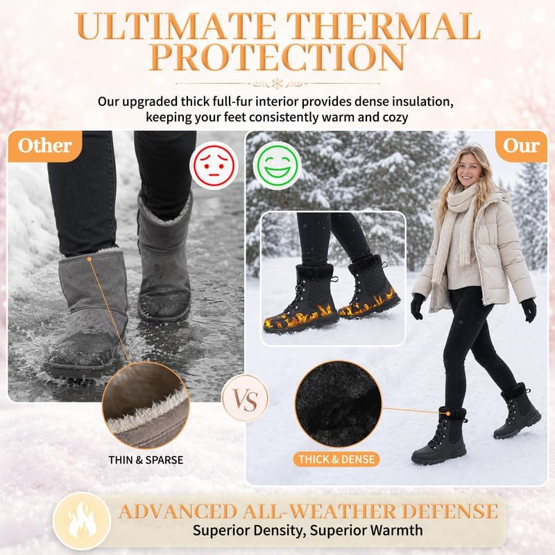 Womens Winter Snow Boots Mid-Calf Booties Warm Fur Lined Cold Weather Shoes