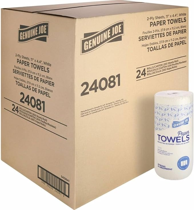Genuine Joe Household Paper Towels, 2-Ply, 11" x 4.4", 200 Sheets/Roll (Pack of 24)