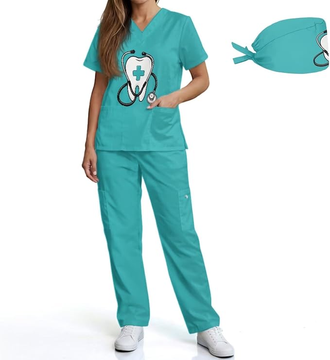 Gomyblomy Women's Scrubs Suit 3-Piece Set | Teeth Print V-Neck Top & Pants & Cap, Breathable and Stretch Fabric, S-5XL