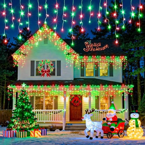 66FT Icicle Lights for Outside 640 LED Red and Green Christmas Lights