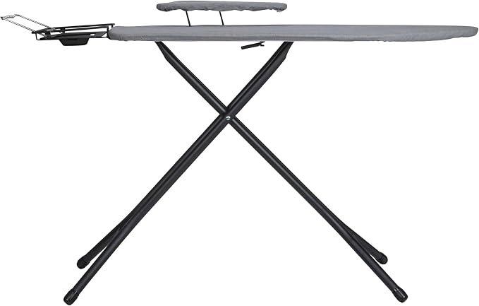 Household Essentials Wide Mega Ironing Board 4-Leg, Steel Top Pressing Station, Matte Black Frame, Grey Cover
