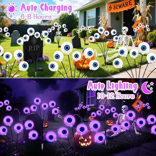 Purple Halloween Decorations Outdoor, 8 Pack 48 LED Solar Scary Eyeball Swaying Lights, Purple Solar Firefly Light Waterproof Outdoor Garden Lights for Halloween Yard Garden Lawn Party Flower Bed
