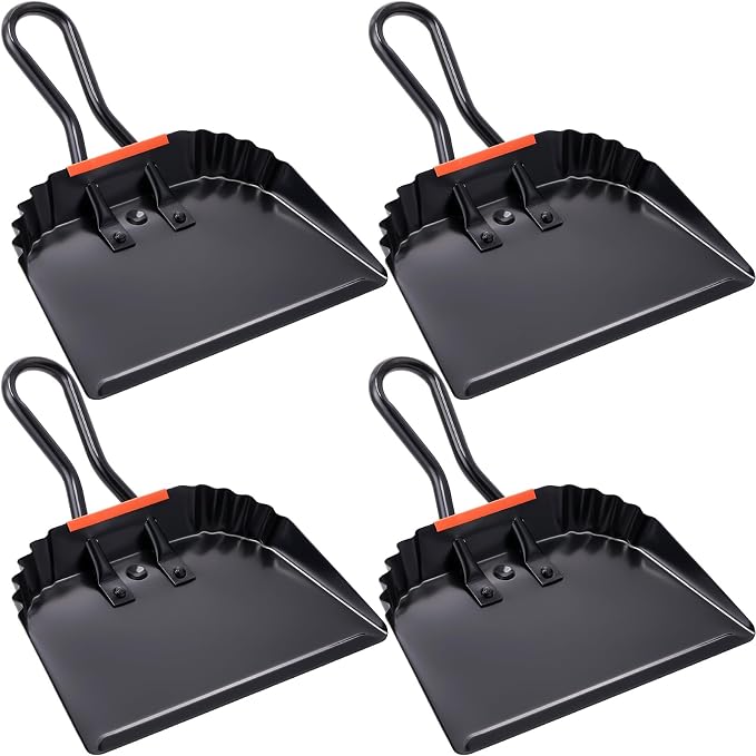 Mumufy 4 Pack Industrial Metal Dustpan 12" Heavy Duty Dust Pan with Handle Handheld Dustpan Wide Scooper Dust Debris Sweeping Tool Precision Edge Ideal for Cleaning Indoor Outdoor Surfaces(Black)
