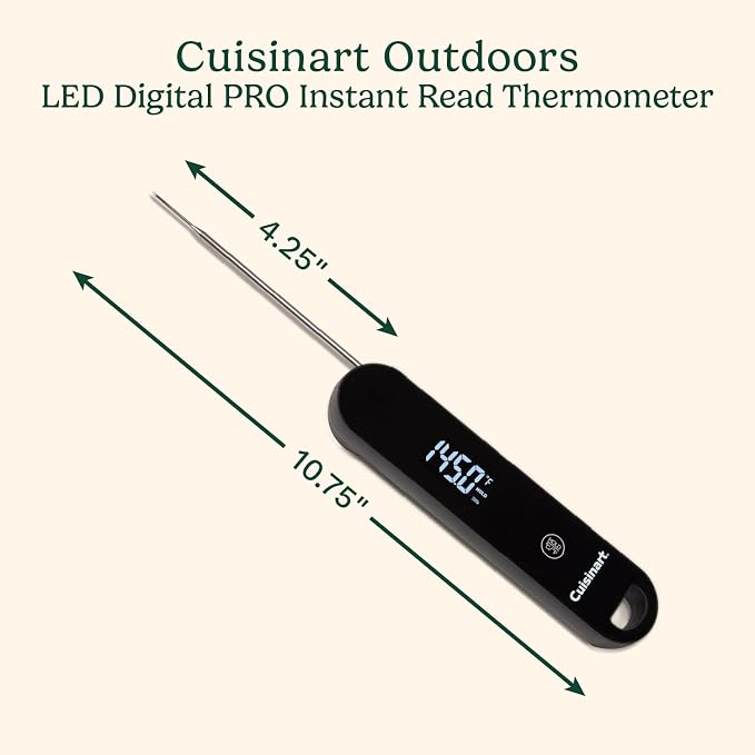 Cuisinart LED Digital Pro Instant Read Thermometer, Calibrated Ambidextrous Waterproof Meat Thermometer for Home & Grill, Lift to Wake Ultra Fast 0.6s Read Time, Home Gadget, BBQ, Smoker, Oil Fry