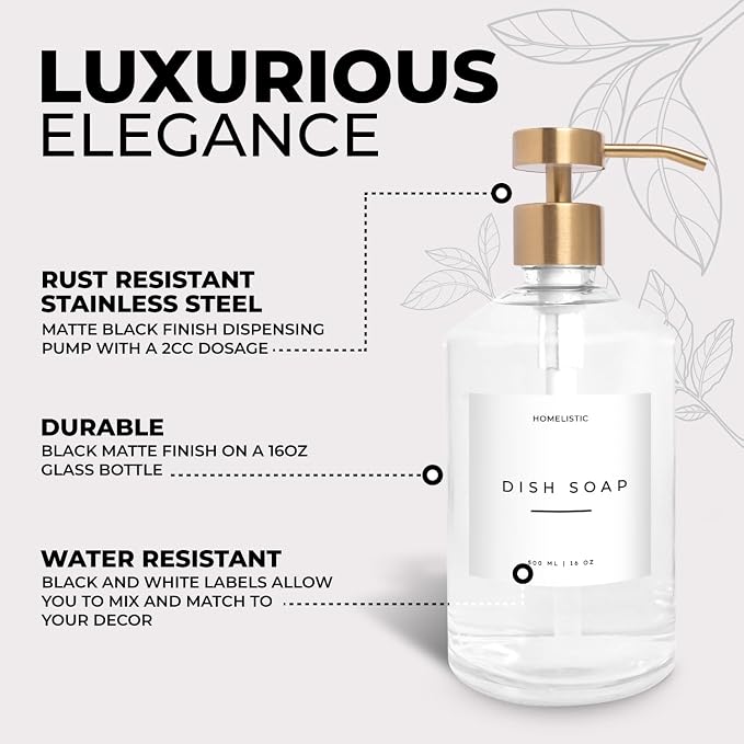 Homelistic Clear Glass Soap Dispenser Set with Champagne Gold Pump – 16oz Refillable Kitchen & Bathroom Soap Dispensers (2 Pack) Rust-Resistant Stainless Steel Pumps, 48 Labels