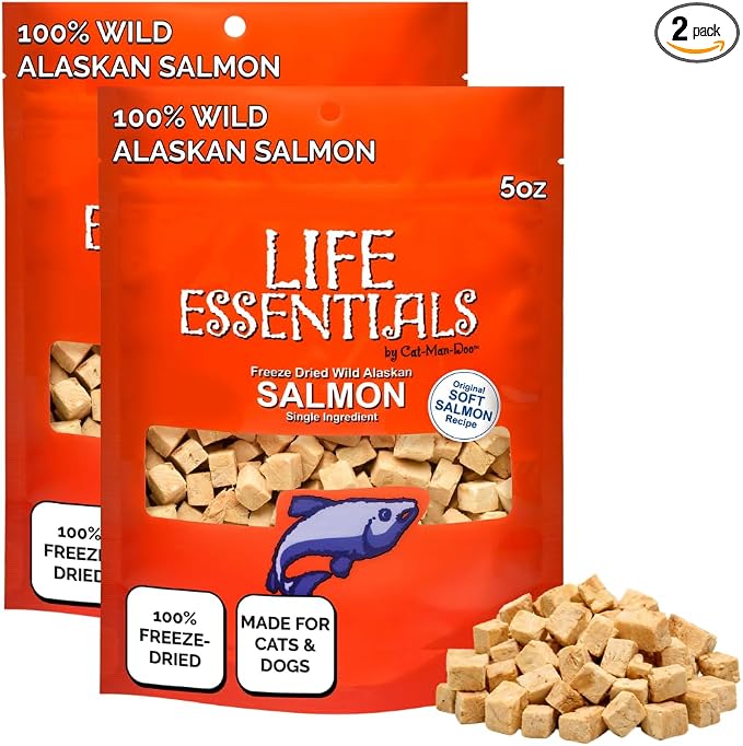 Life Essentials by Cat-Man-Doo | Freeze Dried Salmon Treats | 5oz Bag (2pk) | Freeze-Dried, Premium Wild Caught Salmon, Healthy, Single Ingredient, High Protein, Pet Treats, Food Topper for Cats & Dogs