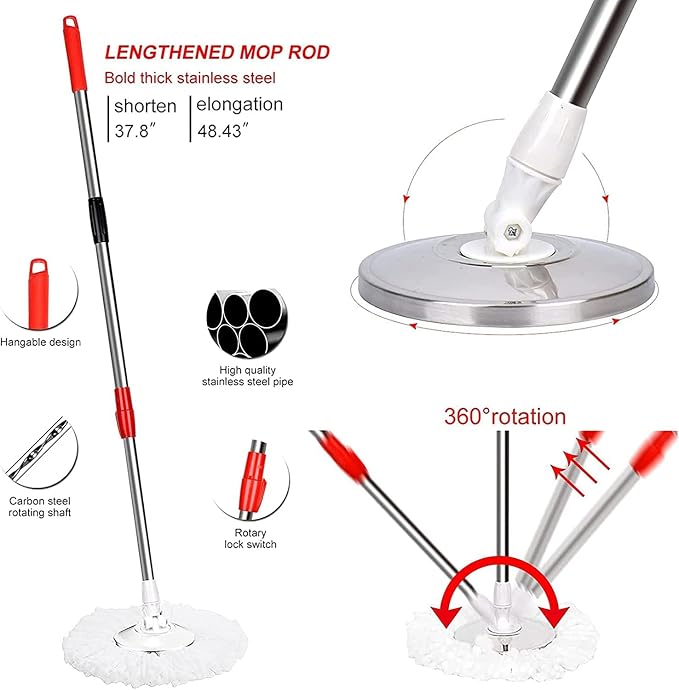 Spin Mop and Bucket with Wringer Set, 6 Mop Refills, 61" Handle (2 Sets) | 360° Spinning Mop System with Stainless Steel Extended Handle & 6 Microfiber Refills for Floor Cleaning