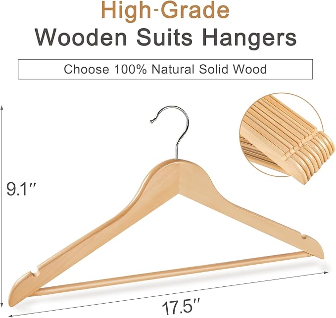 TOPIA HANGER Wooden Coat Hanger 20 Pack, Natural Wood Suit Hangers with Non Slip Pants Bar, 360° Swivel Hook and Shoulder Notches for Camisole, Jacket, Pants, Smooth Finish-CT34N20