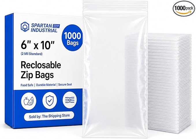 Spartan Industrial - 6” X 10” (1000 Count) 2 Mil Clear Reclosable Zip Plastic Poly Bags with Resealable Lock Seal Zipper