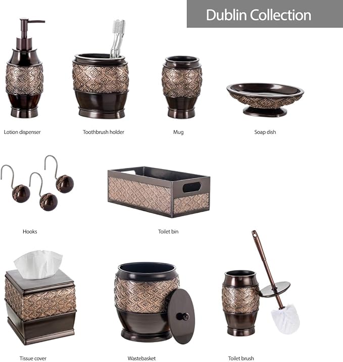 Creative Scents Dublin Brown Bathroom Accessories Set Complete - 4 Pc. Bathroom Sets Accessories, Luxury Bathroom Accessory Set - Soap Dispenser, Soap Dish, Tumbler & Toothbrush Holder Set