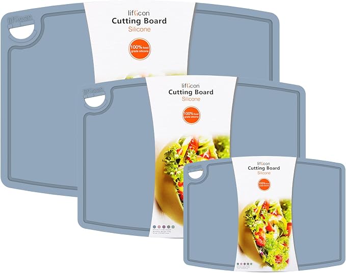 Silicone Thick Cutting Boards Mats Set of 3 Foldable & Flexible Design Juice Grooves Easy Grip Handle Dishwasher Safe for Kitchen,BPA free Silicone Cutting Board-Light Blue