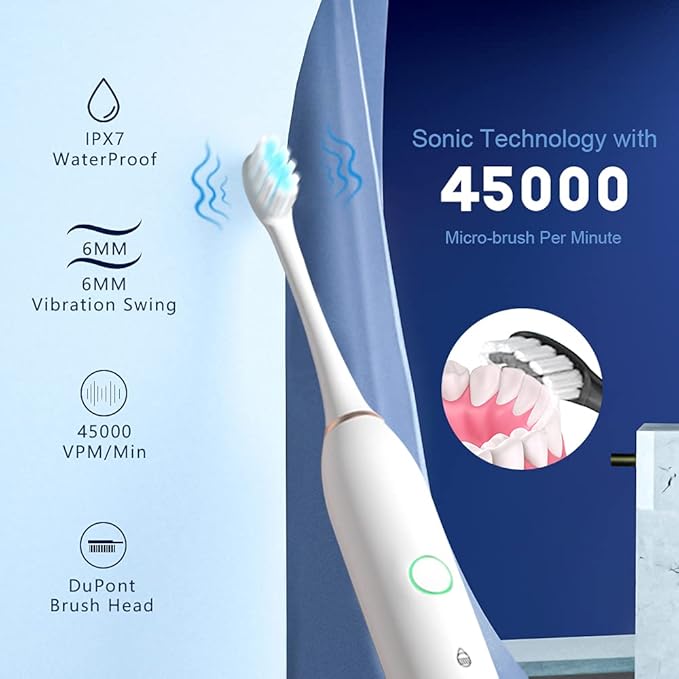2 Pack Rechargeable Electric Toothbrushes for Adults and Kids, Whitening Tooth Brush with 8 Brush Heads, 6 Cleaning Modes and Smart Timer, Waterproof Cleaning Toothbrushes Set