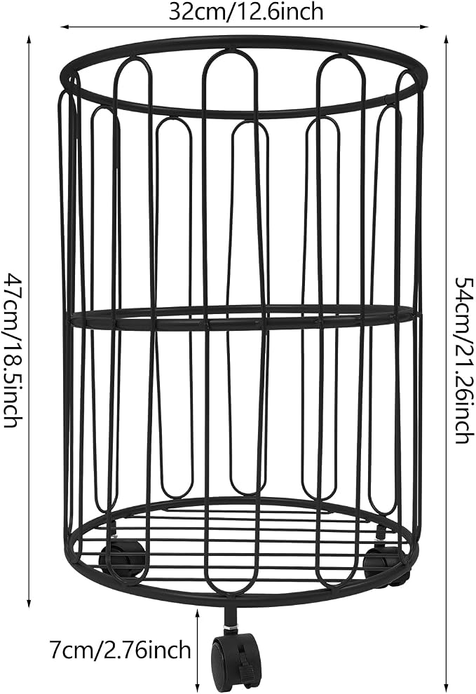Rolling Laundry Hamper with Wheels Metal Wire Laundry Basket Cart Heavy Duty Clothes Toy Sundries Storage Organize Hamper Bin for Living Room Bathroom Closet Bedroom (Black, Round 2)
