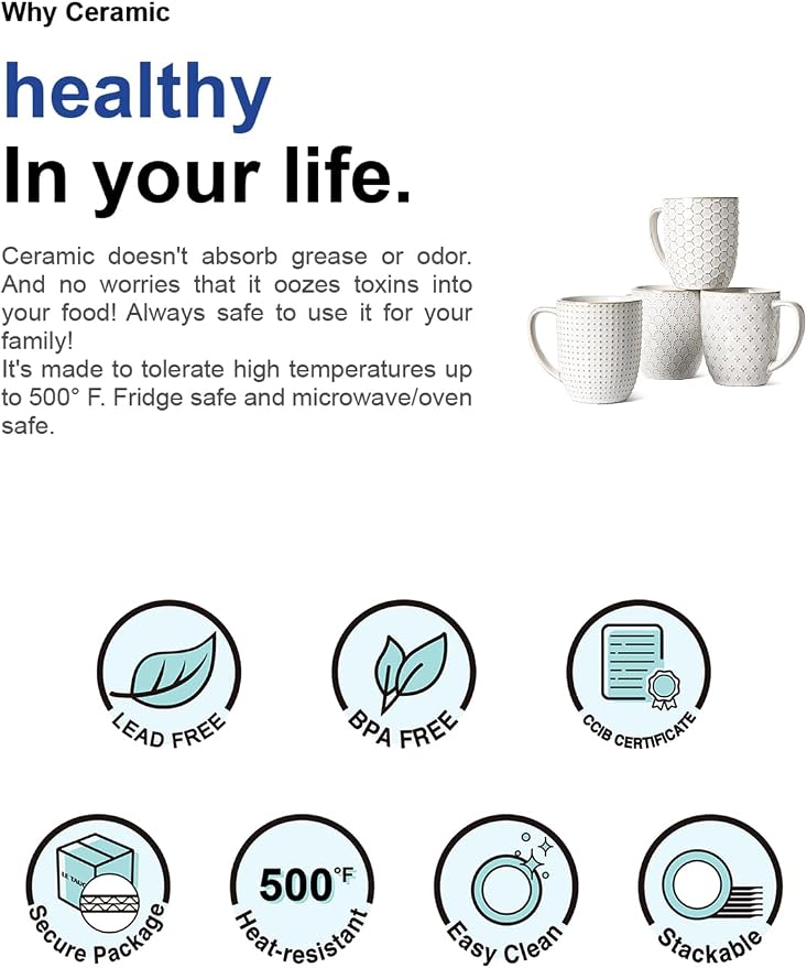 LE TAUCI Coffee Mugs 16 oz,Ceramic Mug Set, Embossment Cups for Latte, Hot Tea, Cappuccino, Mocha, Cocoa, Dishwasher Safe, Suit For Housewarming Wedding- 3.8 inch, Set of 4, Arctic White