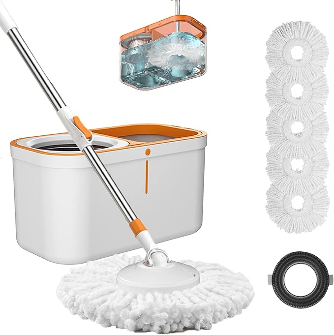 61" Spin Mop and Bucket Set,Wringer System for Cleaning,with 5 Refill Heads | Hands-Free Wringing with1 Brush,Stainless Steel Handle,Suitable for Tile Hardwood Laminate Floors,Easy Dirt Removal