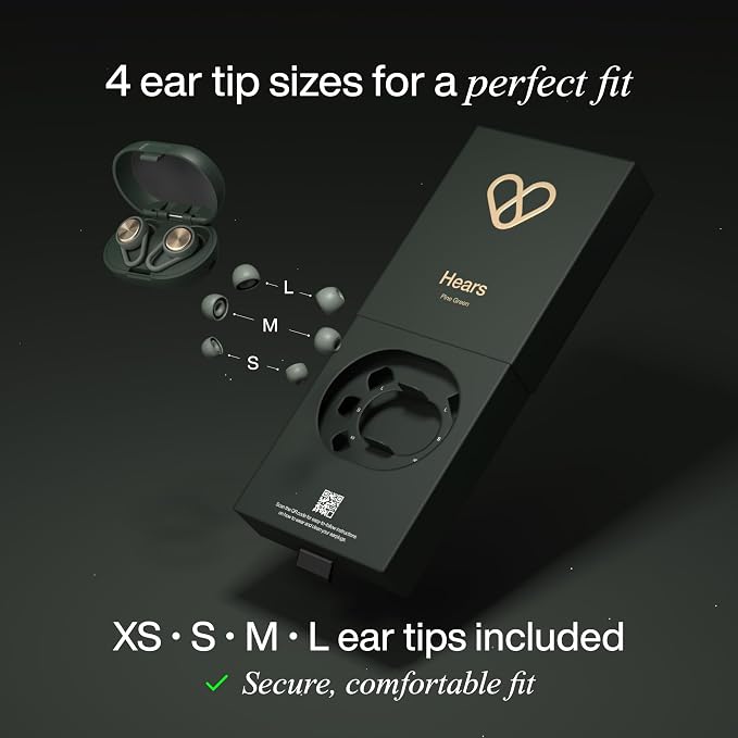 Hears Plus Ear Plugs for Noise Reduction - Patented Reusable Concert Earplugs, 25dB SNR Sound Reduction, Hypoallergenic for Musicians, Motorcycle and Sleeping with 4 tip Sizes - Pine Green