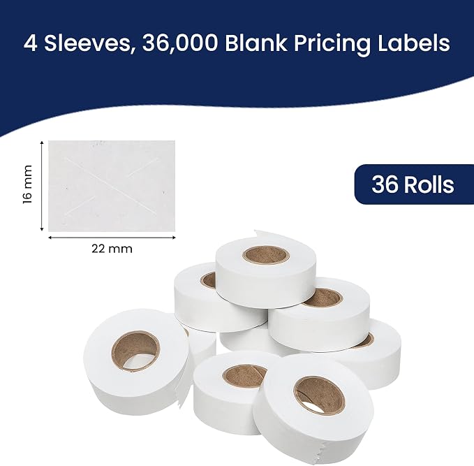 Perco White Price Marking Labels - 36,000 Blank Labels for Garvey 22-66/22-77/22-88 Two Line Pricing Gun with Ink Rolls Included - 36 Rolls, 4 Sleeves - Made in USA