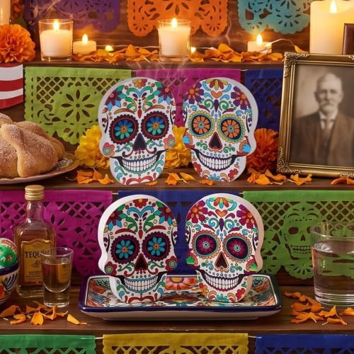 DECSPAS Day of the Dead Decor, 4 PCs Wood Block Sugar Skulls Dia De Los Muertos Decorations, Wooden Skeleton Tiered Tray Decor for Altar, Ofrenda, Home, Table, Mantle, Mexican Fiesta