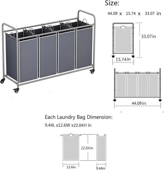LINZINAR 4 Section Laundry Hamper, Grey Laundry Basket, 180L Laundry Sorter | Laundry Room Organization with Heavy Duty Rolling Lockable Wheels and Removable Bag, Bedroom Laundry Cart for Clothes Storage