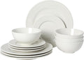 Gibson Home Caviara Plates and Bowls Set, 12-Piece Dinnerware Set, White Round Beaded Rim Ceramic Dish Set, Dinner Plates, Salad Plates & Cereal Bowls