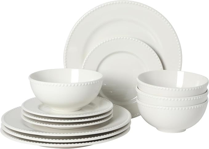 Gibson Home Caviara Plates and Bowls Set, 12-Piece Dinnerware Set, White Round Beaded Rim Ceramic Dish Set, Dinner Plates, Salad Plates & Cereal Bowls