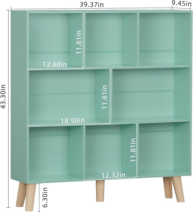 LEYAOYAO 8 Cube Bookshelf, Mid-Century Modern Book Shelf with Legs, Green | 3 Tier Bookcase, Rustic Wood Bookshelves Freestanding Large Storage Organizer, Open Shelves for Bedroom, Living Room, Office