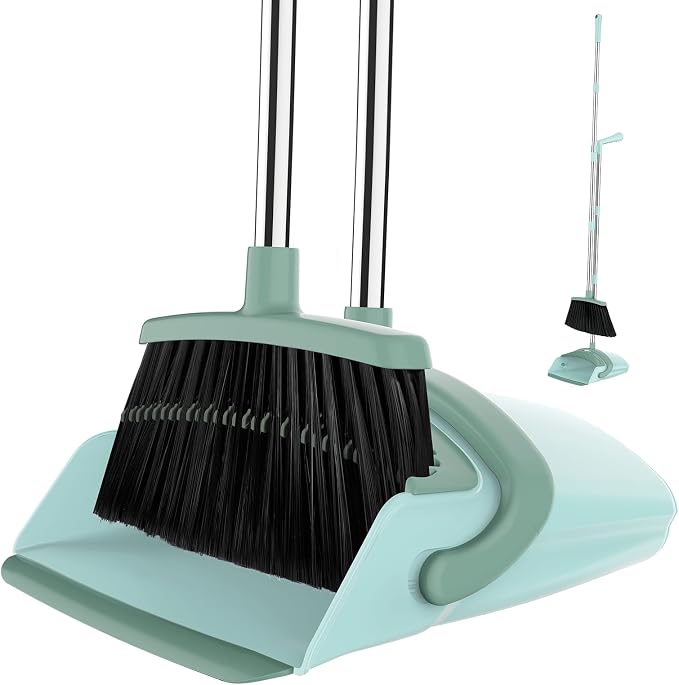 Broom and Dustpan Set for Home, 51-in Long Adjustable Handle Angle Broom and Dustpan Combo Set with Dust Pan Teeth to Clean Hair for Home Kitchen Office Lobby Floor Garden, Green