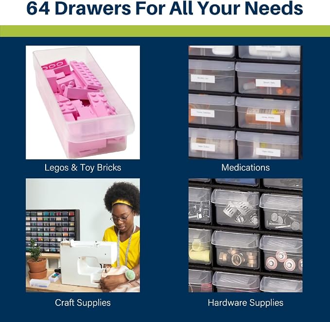 Akro-Mils 64-Drawer Plastic Drawer Storage Cabinet for Garage Organization, Bead Organizer, Building Bricks Storage, Teacher Toolbox, Makeup Organizer, 20-Inch W x 6-Inch D x 16-Inch H, 10164 Yellow