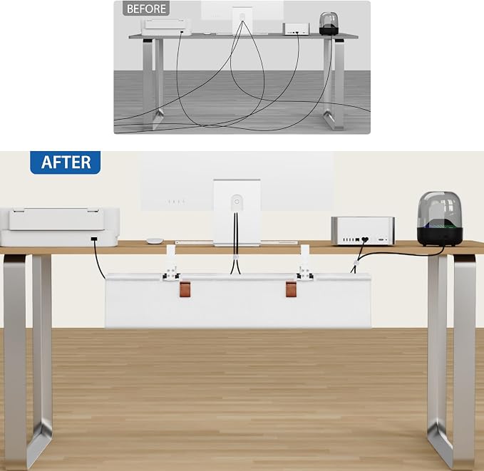 Zilink Under Desk Cable Management 30" No Drill Desk Cable Management Tray Clamp/Screw Mount Cable Tray Sturdy Waterproof Fabric Cord Organizer for Office, Home, White
