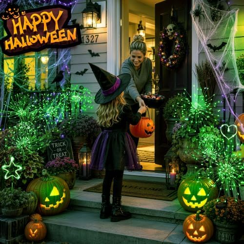 GIGALUMI 2 Pack Solar Firework Lights Outdoor, Halloween Decor, Green