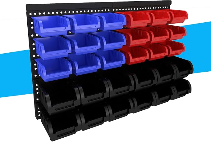 30Pcs Plastic Wall Mounted Storage Bins Parts Rack Nuts And Bolt Bins Organizer For Shop Garage for Screws, Nuts, Bolts, Nails, Beads, and Small Hardware Parts(RED+BLUE+BLACK, 30)