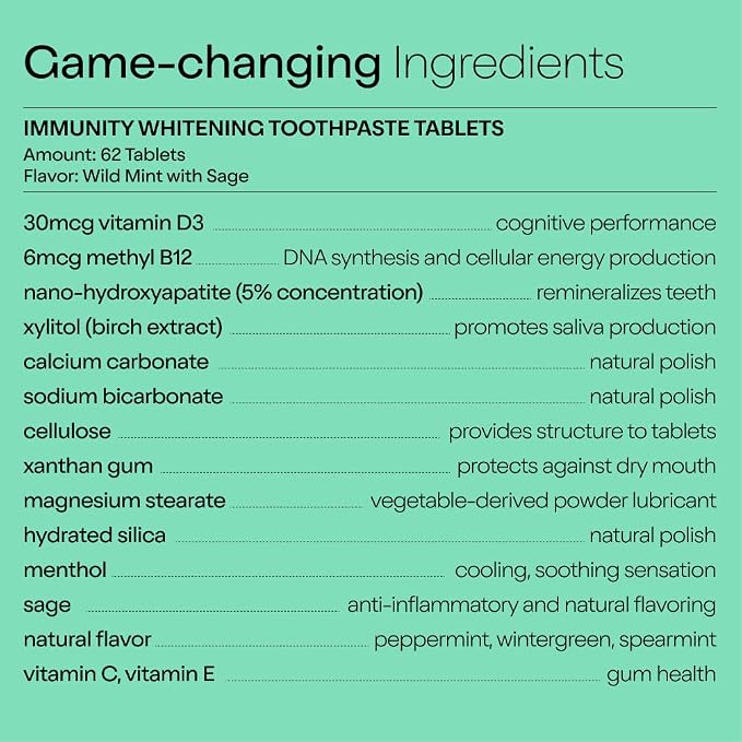 Duo Toothpaste Tablets, Vitamin D3 B12, Nano-Hydroxyapatite, Wild Mint | Nano-hydroxyapatite, enamel remineralization, gentle whitening, sensitivity relief, vitamin D3 and B12, wild mint sage taste