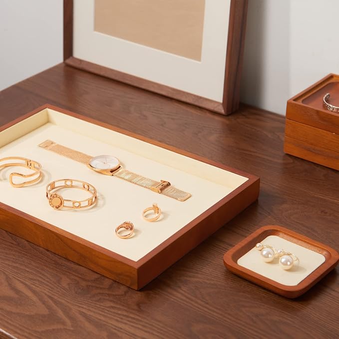 Oirlv Wood Flat Jewelry Tray Stackable Jewelry Drawer Organizer Showcase Jewelry Holder (Creamy-white flat tray)