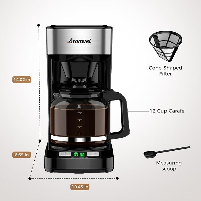 12 Cup Programmable Coffee Maker, Drip Coffee Machine with Glass Carafe & Reusable Filter, Measuring Spoon, 24-Hour Delay Brew, 4-Hour Auto Keep Warm, Large 1.8L Water Tank, Silver